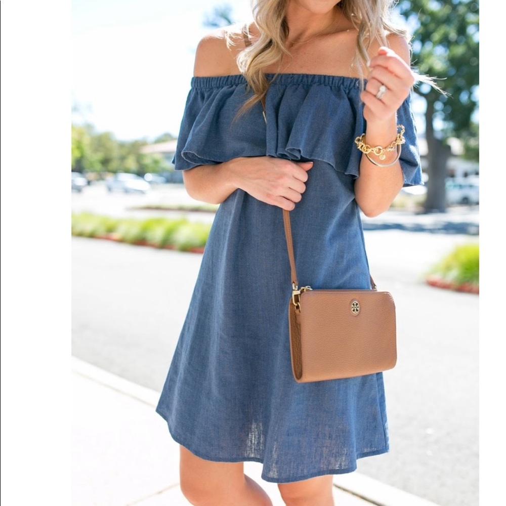 Madewell linen chambray off the shoulder dress